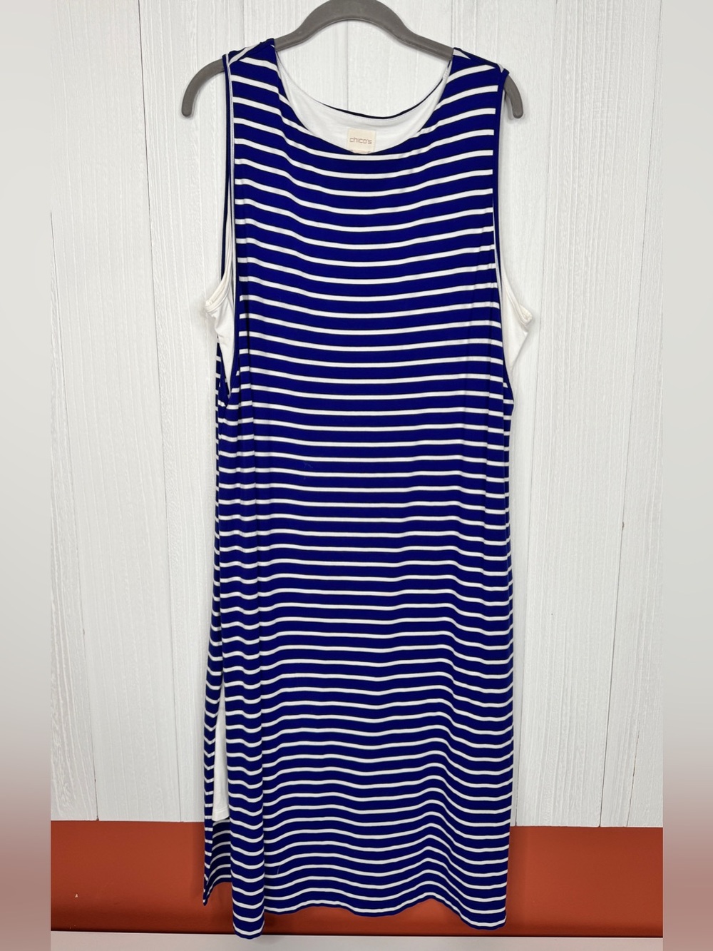 Chico’s Blue & White Striped Double-Layer Tank Dress – Sleeveless Summer Midi